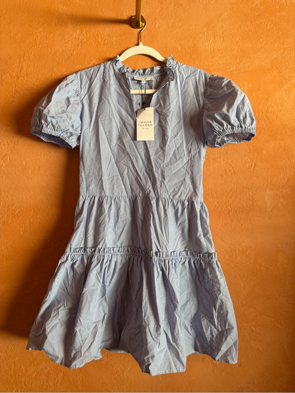 Taylor Tillman Everly Dress NWT Blue Stripe Ruffle Cotton Mini Dress Size S
